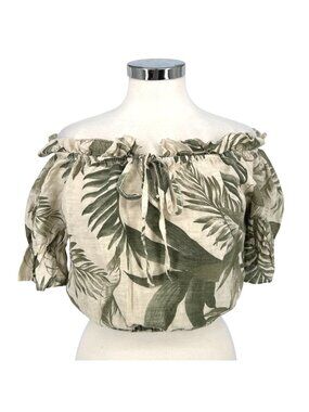 Milio Milano Boho Tropical Linen Off-Shoulder Blouse Green Cream Size Small NWT